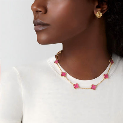 [ElanLuxe Jewelry]NEW CLOVER 10 MOTIFS PINK ENAMEL NECKLACE