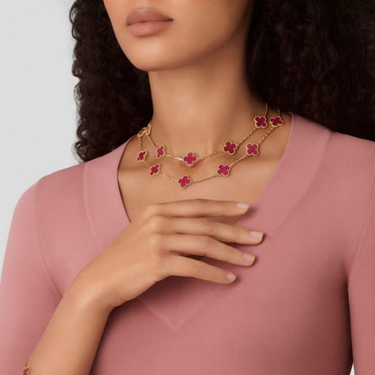 [ElanLuxe Jewelry] NEW CLOVER 20 MOTIFS PINK ENAMEL NECKLACE