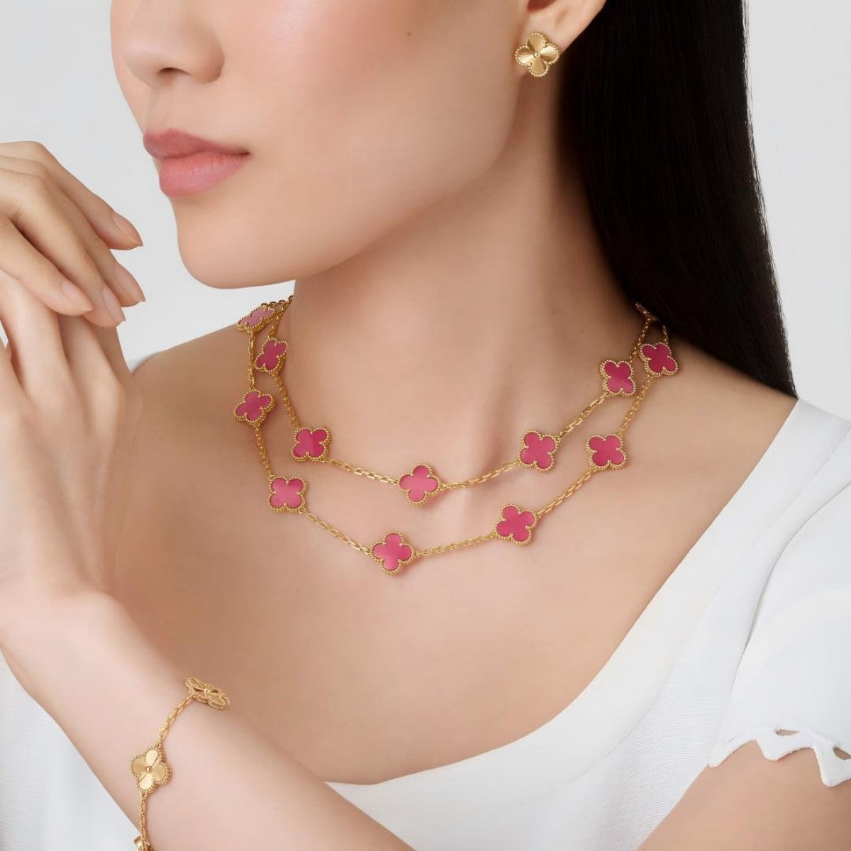 [ElanLuxe Jewelry] NEW CLOVER 20 MOTIFS PINK ENAMEL NECKLACE