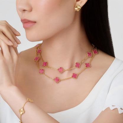 [ElanLuxe Jewelry] NEW CLOVER 20 MOTIFS PINK ENAMEL NECKLACE