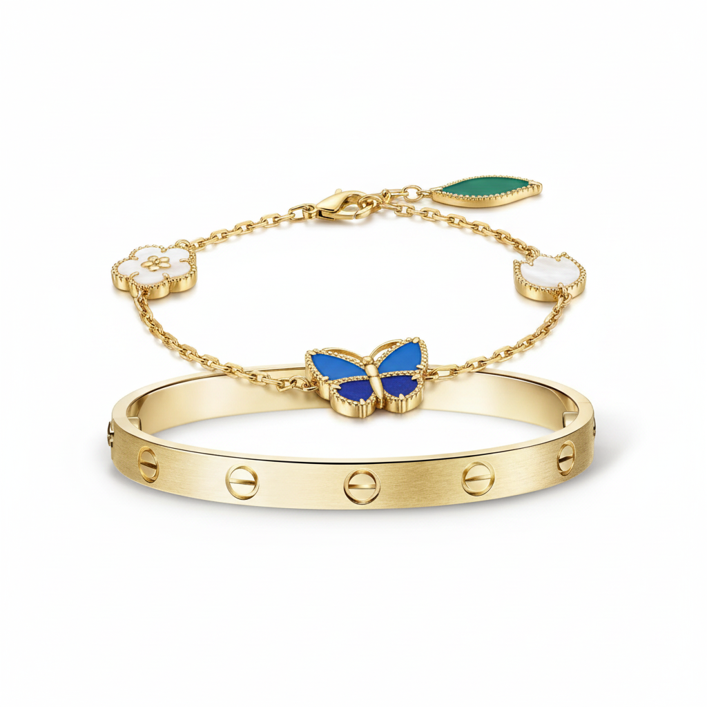 [ElanLuxe Jewelry] LOVE Brushed & Lucky Spring Butterfly 5-Motif Bracelet Stack Set