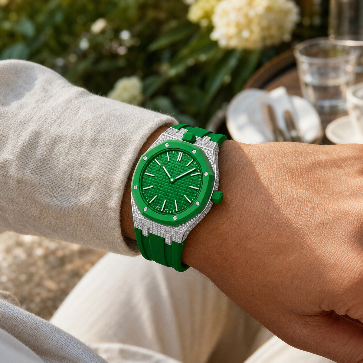 Strap For Ap Swatch Royal Oak Pop Exclusive Steel Case With Diamond(Moissanite) & Silicone Strap