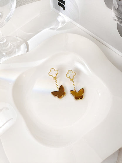 [ElanLuxe Jewelry]BUTTERFLY 2 MOTIF TIGER EYE MOP EARRINGS