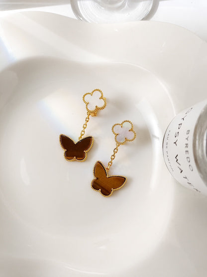 [ElanLuxe Jewelry]BUTTERFLY 2 MOTIF TIGER EYE MOP EARRINGS