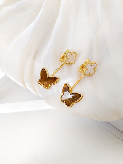 [ElanLuxe Jewelry]BUTTERFLY 2 MOTIF TIGER EYE MOP EARRINGS