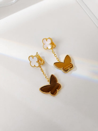 [ElanLuxe Jewelry]BUTTERFLY 2 MOTIF TIGER EYE MOP EARRINGS