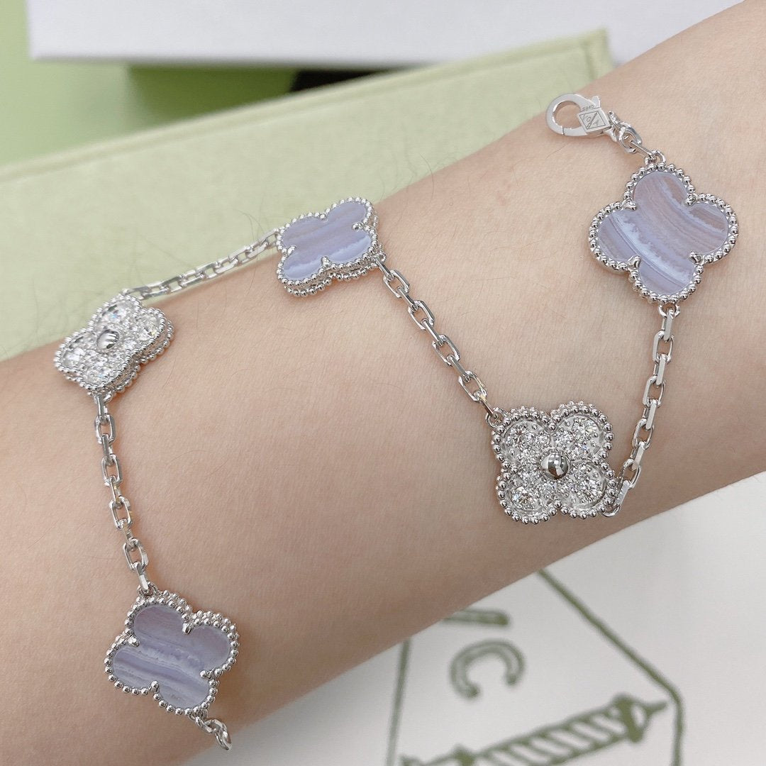 [ElanLuxe Jewelry]CLOVER  5 MOTIF DIAMOND PURPLE CHALCEDONY BRACELET SILVER
