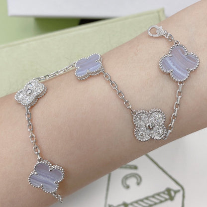 [ElanLuxe Jewelry]CLOVER  5 MOTIF DIAMOND PURPLE CHALCEDONY BRACELET SILVER