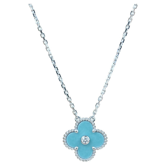[ElanLuxe Jewelry]CLOVER 15MM DIAMOND SVRES PORCELAIN  NECKLACE SILVER