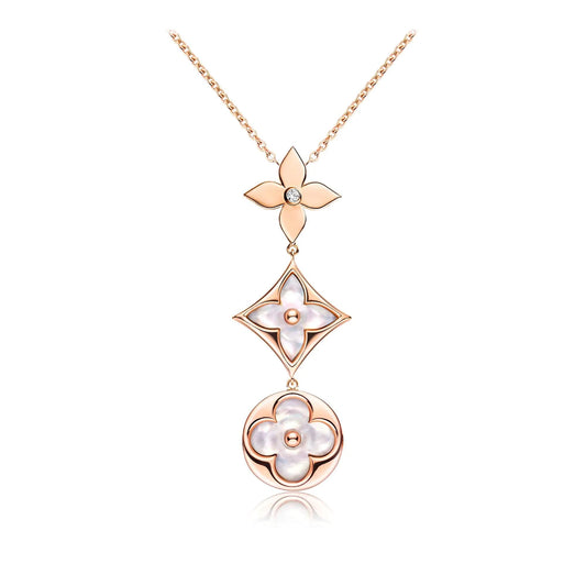 [ElanLuxe Jewelry]COLOR BLOSSOM LARIAT NECKLACE PINK GOLD WHITE MOTHER PEARL AND DIAMOND