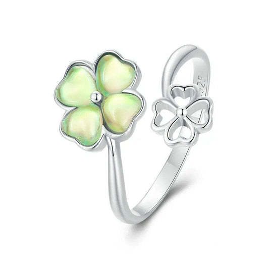 Bague trèfle à quatre feuilles porte-bonheur plaquée or blanc