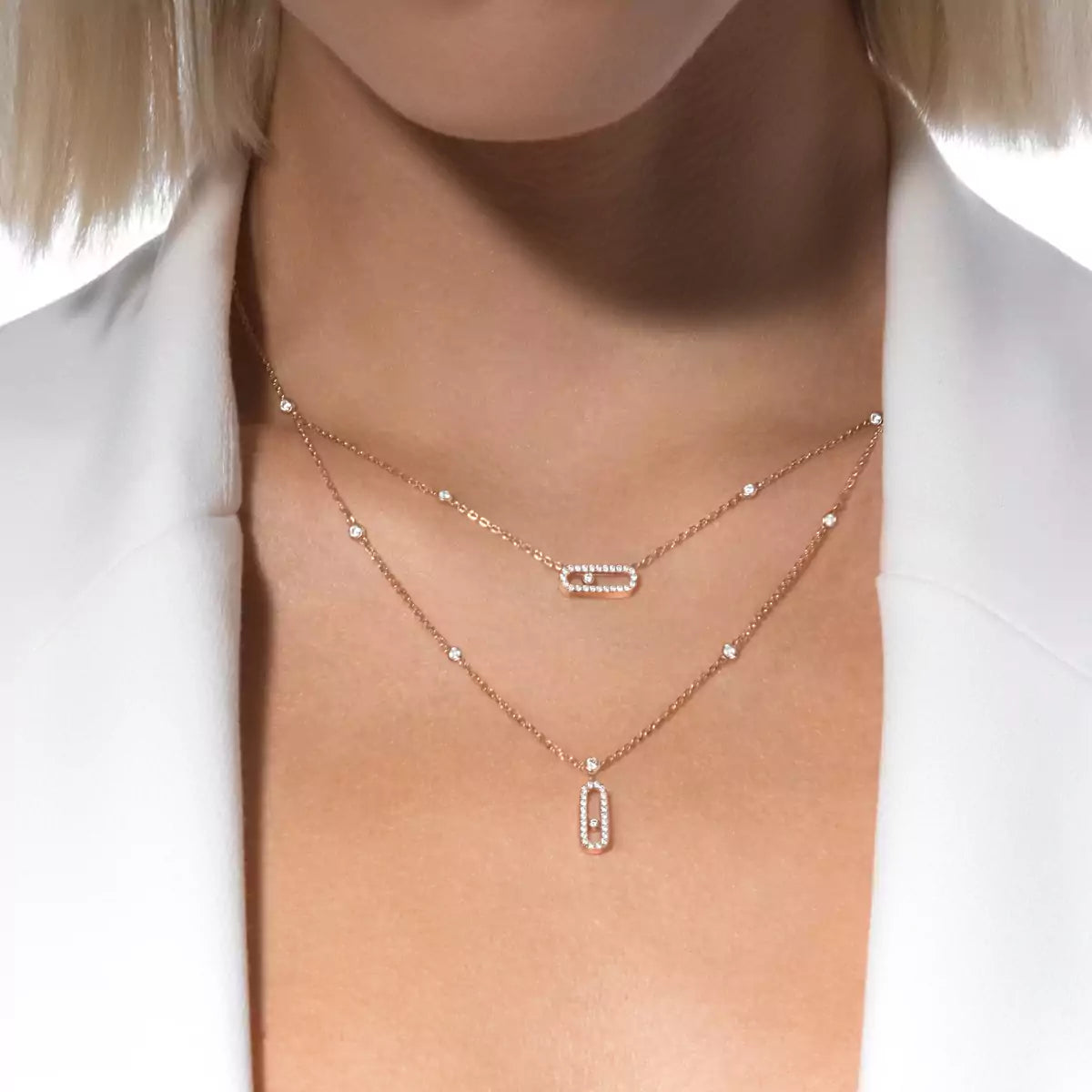 [ElanLuxe Jewelry]2 Rows Rose Gold Diamond Pave_ Necklace Move Uno