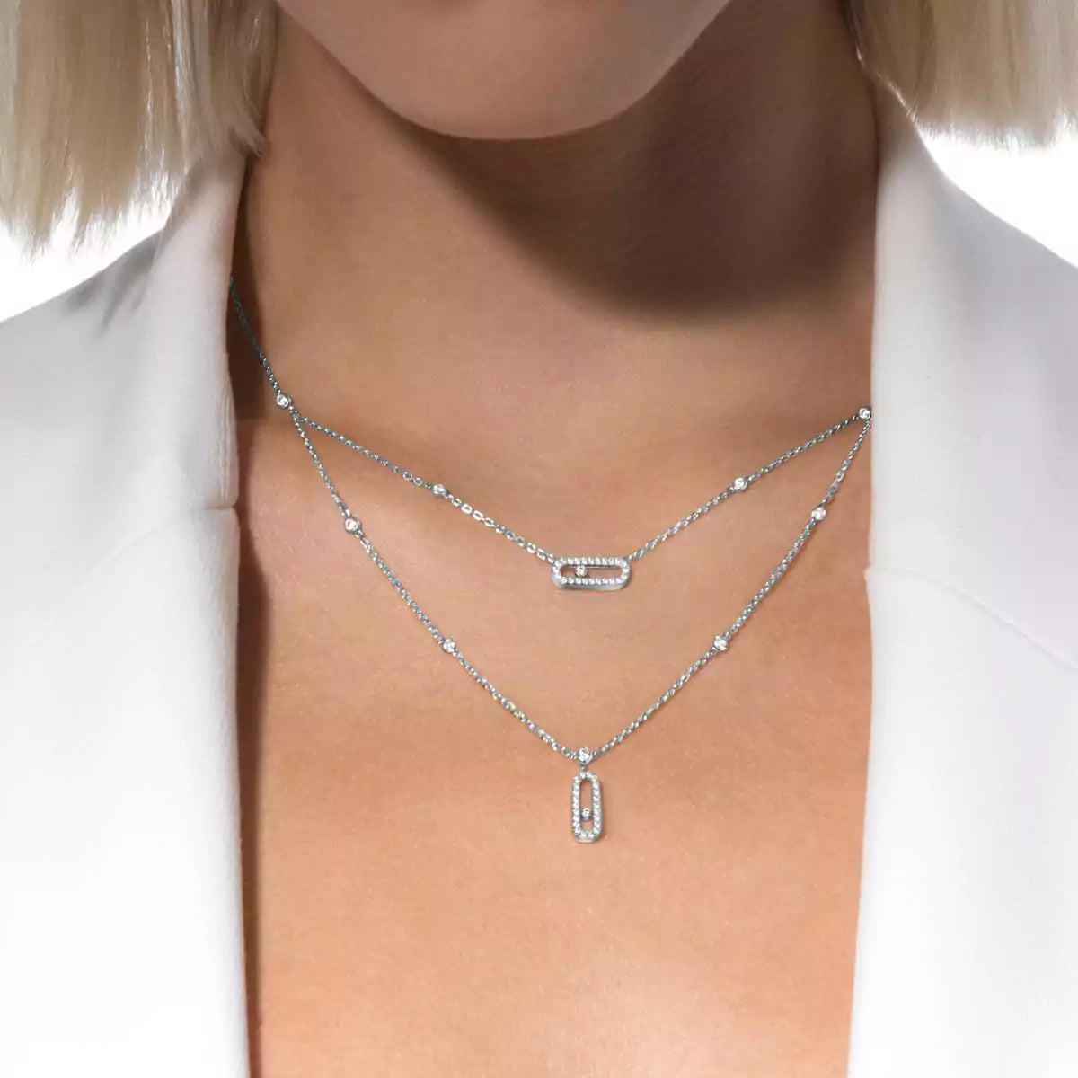 [ElanLuxe Jewelry]2 Rows Rose Gold Diamond Pave_ Necklace Move Uno