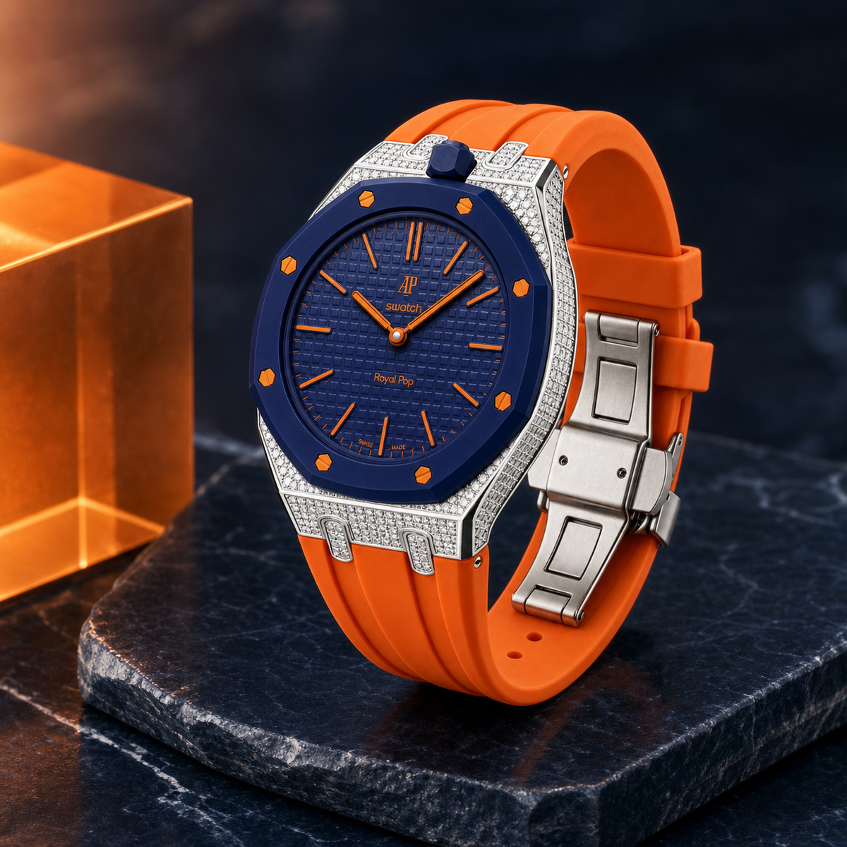 Strap For Ap Swatch Royal Oak Pop Exclusive Steel Case With Diamond(Moissanite) & Silicone Strap