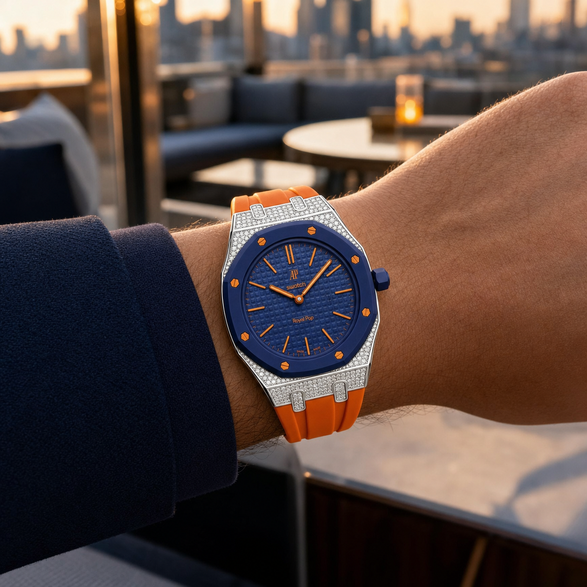 Strap For Ap Swatch Royal Oak Pop Exclusive Steel Case With Diamond(Moissanite) & Silicone Strap
