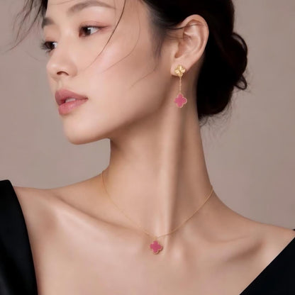 [ElanLuxe Jewelry] NEW CLOVER 15MM PINK ENAMEL NECKLACE