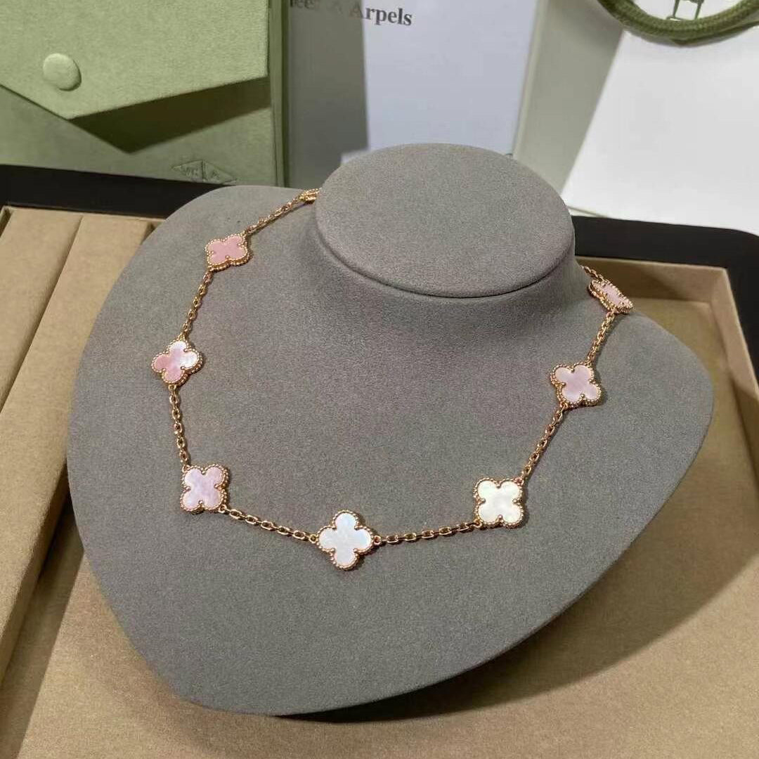 [ElanLuxe Jewelry]CLOVER 10 MOTIFS PINK MOP NECKLACE