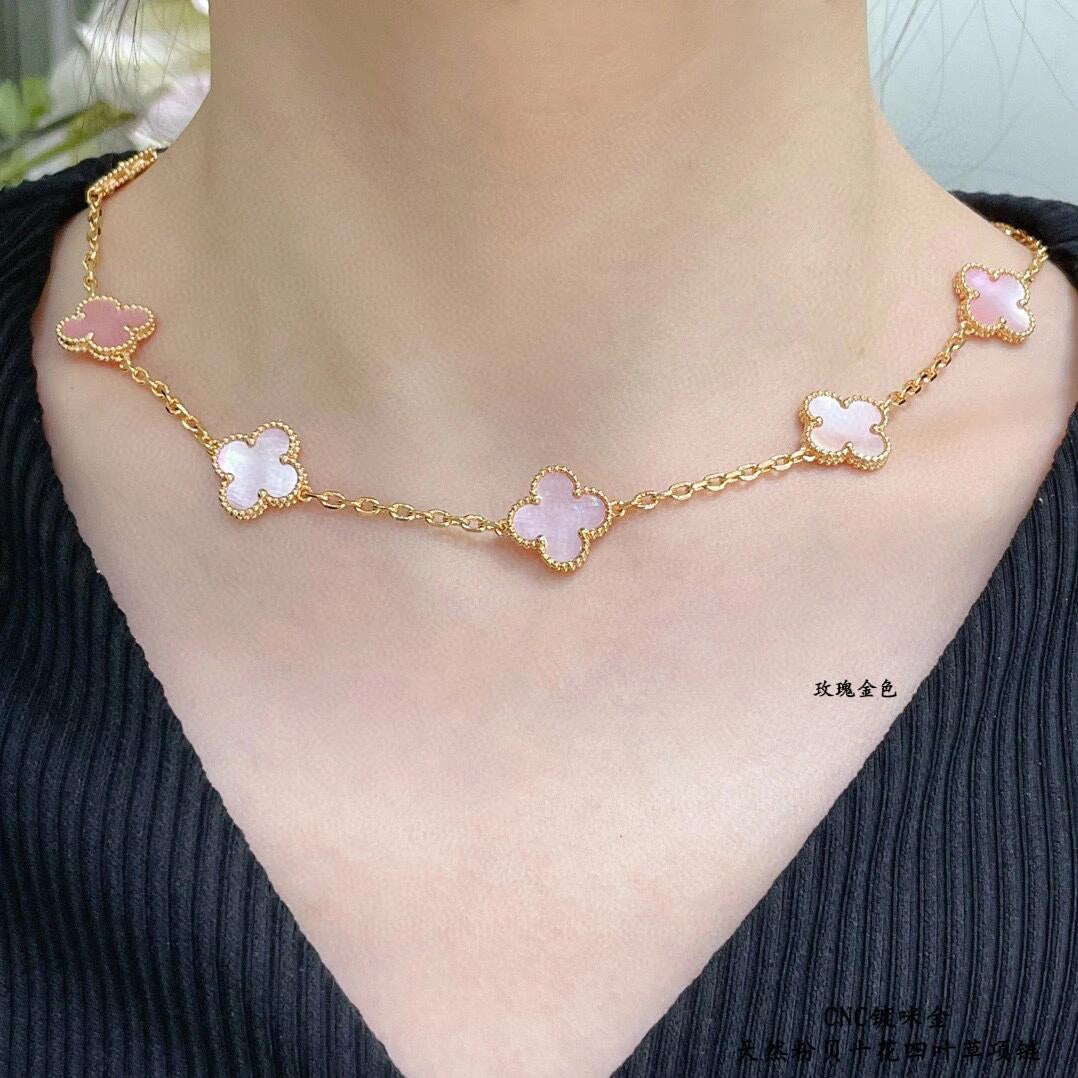 [ElanLuxe Jewelry]CLOVER 10 MOTIFS PINK MOP NECKLACE