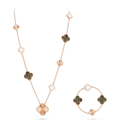 [ElanLuxe Jewelry]DETACHABLE CLOVER 15(11+4) FLOWER ROSE GOLD NECKLACE SET
