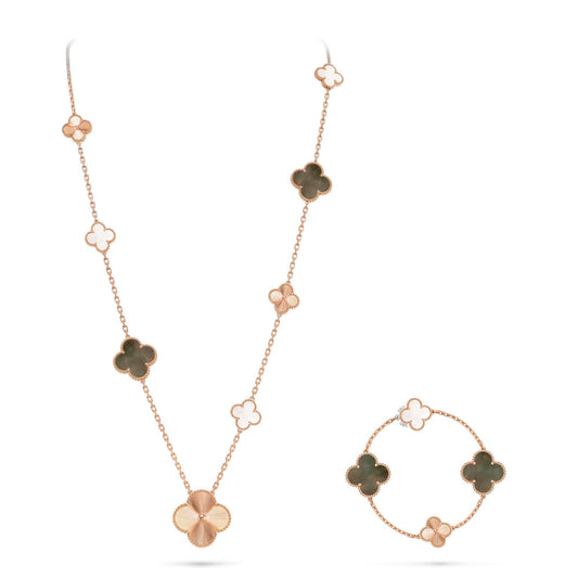 [ElanLuxe Jewelry]DETACHABLE CLOVER 15(11+4) FLOWER ROSE GOLD NECKLACE SET