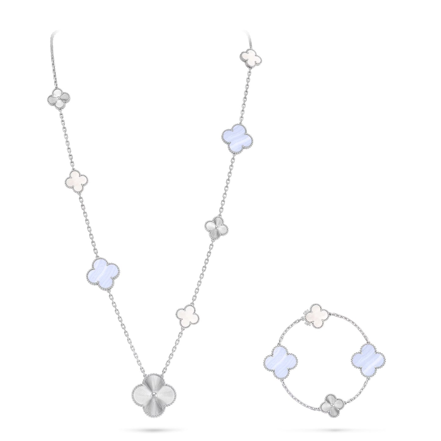[ElanLuxe Jewelry]DETACHABLE CLOVER 15(11+4) FLOWER SILVER NECKLACE SET