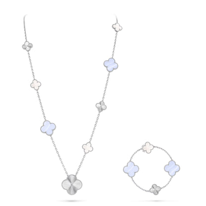 [ElanLuxe Jewelry]DETACHABLE CLOVER 15(11+4) FLOWER SILVER NECKLACE SET