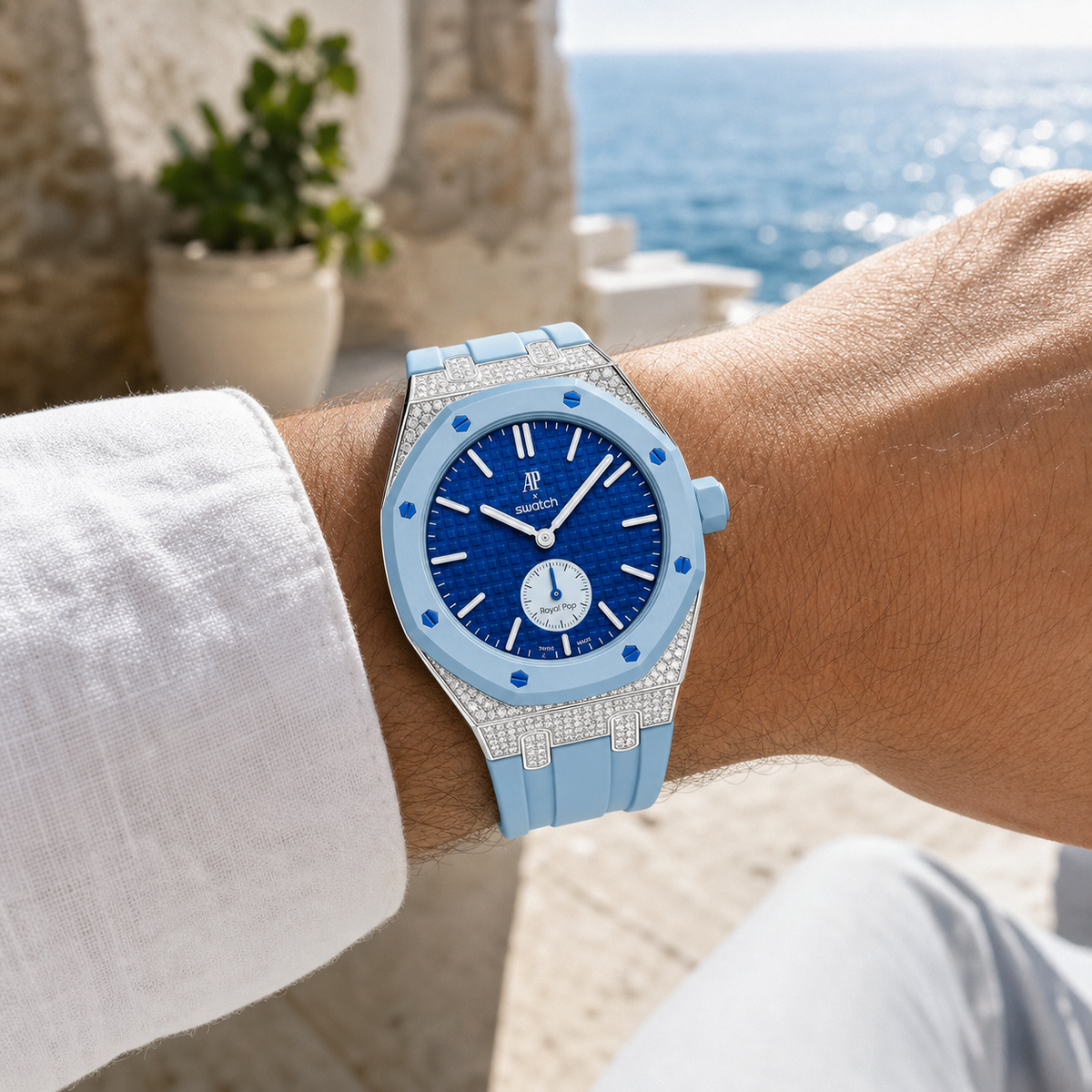 Strap For Ap Swatch Royal Oak Pop Exclusive Steel Case With Diamond(Moissanite) & Silicone Strap