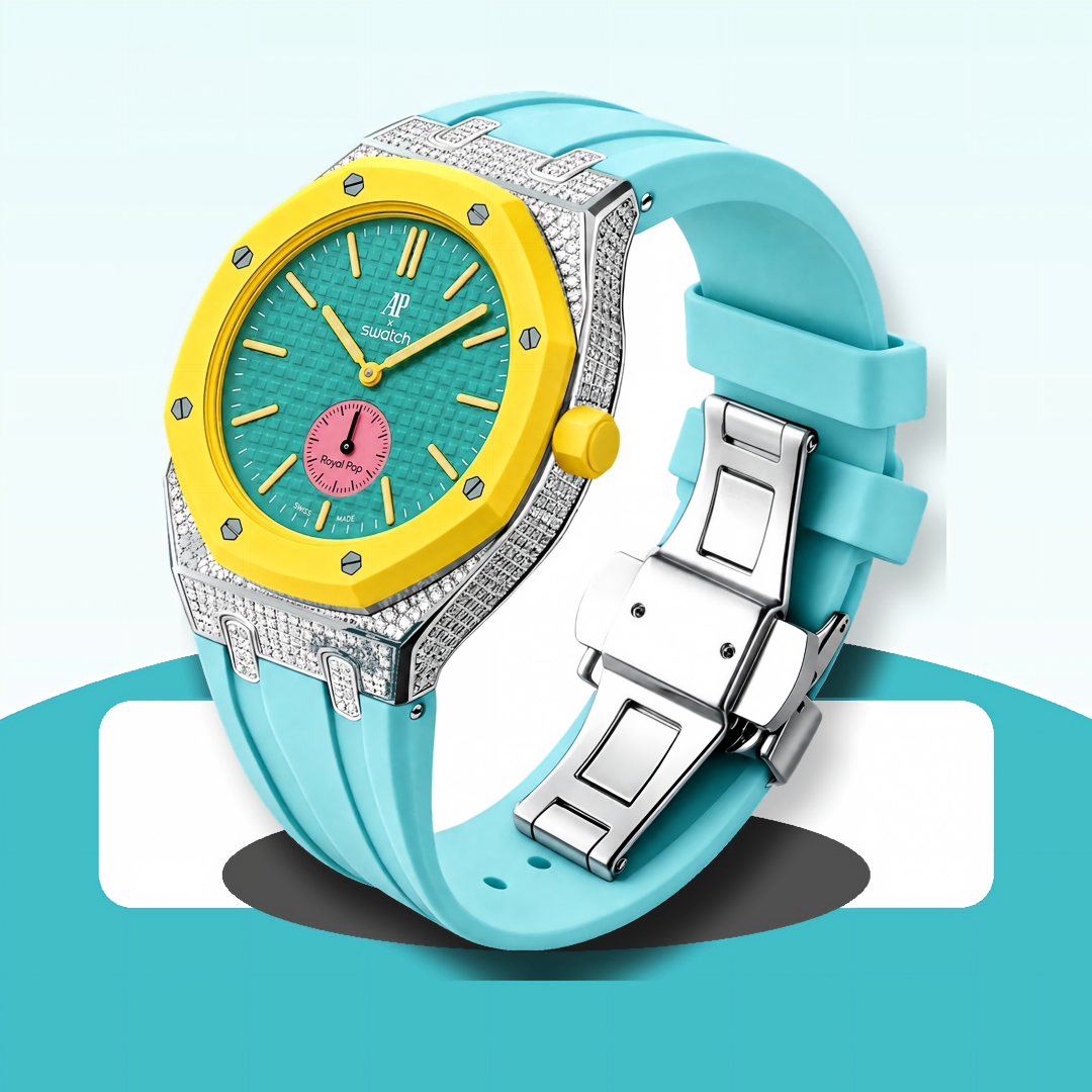 Strap For Ap Swatch Royal Oak Pop Exclusive Steel Case With Diamond(Moissanite) & Silicone Strap