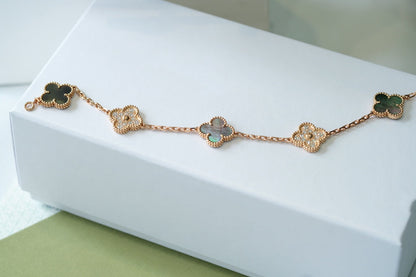[ElanLuxe Jewelry]CLOVER 5 MOTIFS DARK MOP AND DIAMONDS PINK GOLD BRACELET