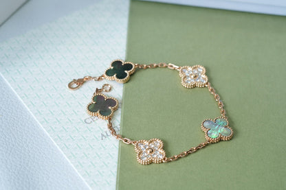 [ElanLuxe Jewelry]CLOVER 5 MOTIFS DARK MOP AND DIAMONDS PINK GOLD BRACELET