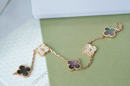 [ElanLuxe Jewelry]CLOVER 5 MOTIFS DARK MOP AND DIAMONDS PINK GOLD BRACELET