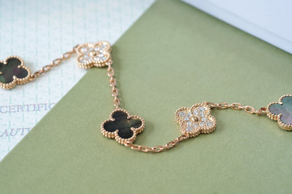 [ElanLuxe Jewelry]CLOVER 5 MOTIFS DARK MOP AND DIAMONDS PINK GOLD BRACELET