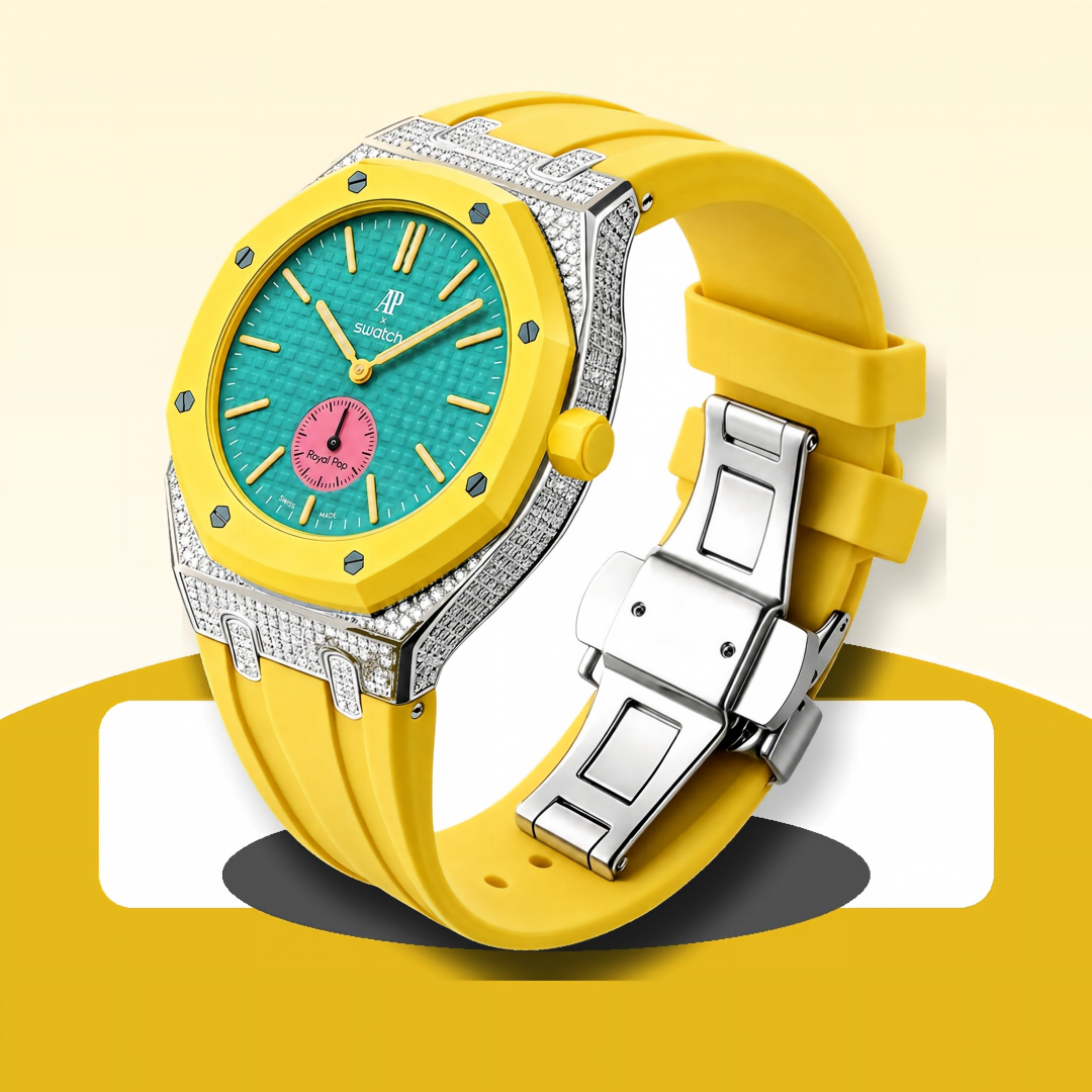 Strap For Ap Swatch Royal Oak Pop Exclusive Steel Case With Diamond(Moissanite) & Silicone Strap